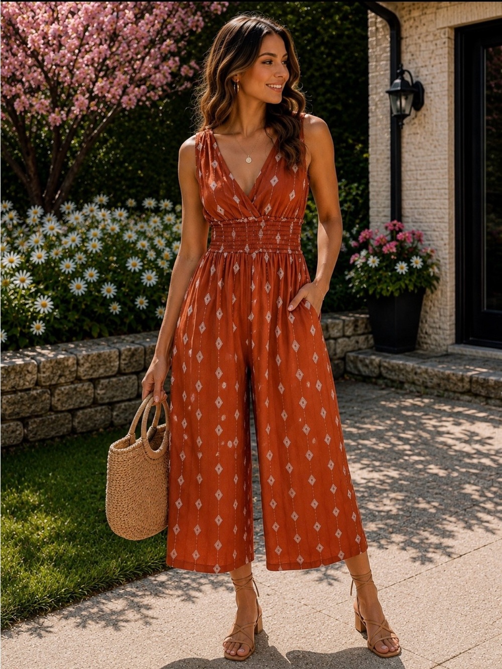 ILLA ILLA Rust Diamond-Print Sleeveless Wide-Leg Jumpsuit